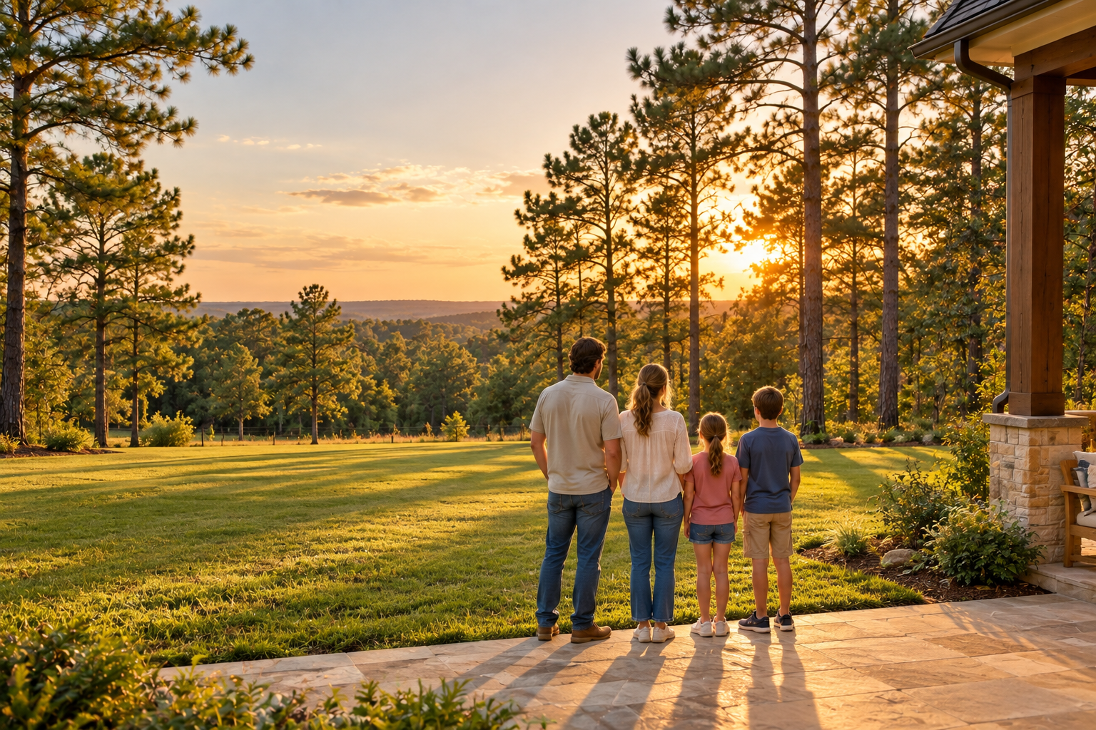 Illustrative family dressed casually on their patio overlooking a spacious wooded backyard at sunset
